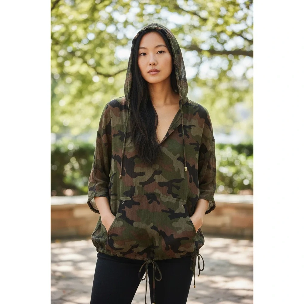 4994)Michael Kors Camouflage Silk Georgette semi Sheer Pullover Hooded Blouse M - Picture 1 of 11